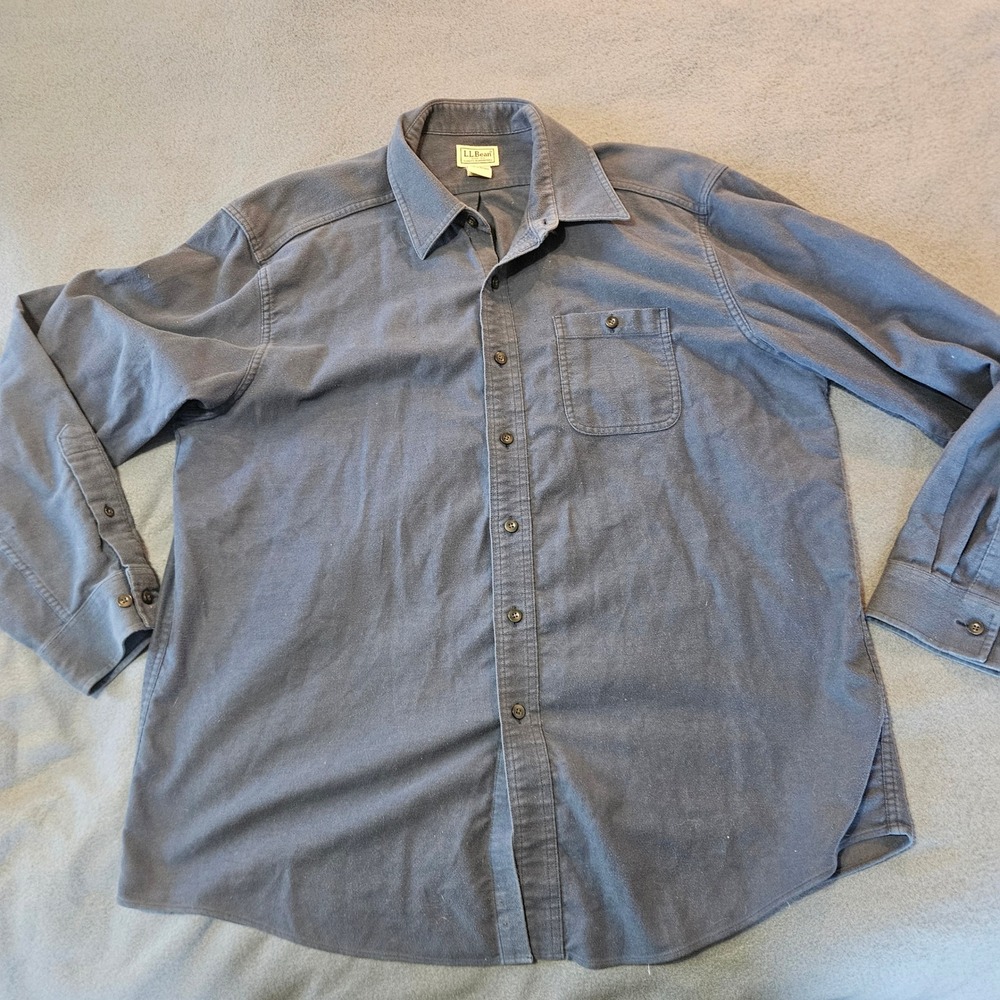 LL Bean Men's Long Sleeve flannel Button Down Shirt blue Gray Size L REG Cotton‎